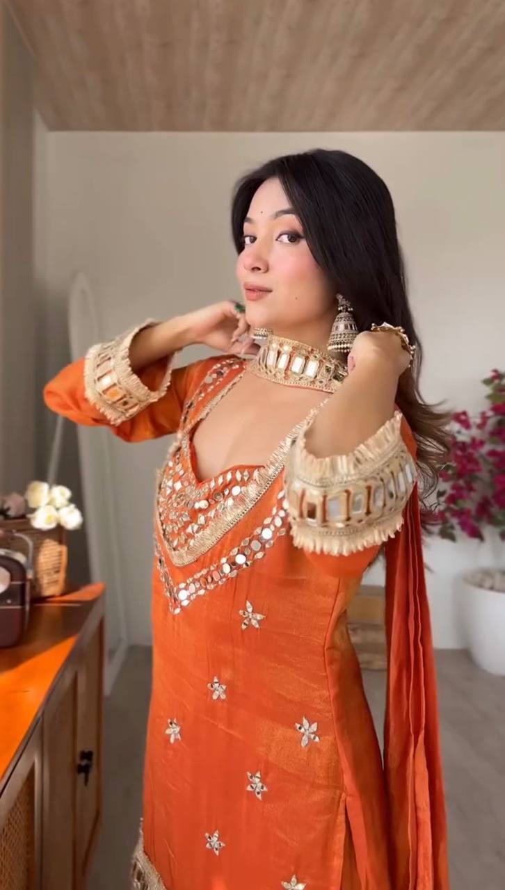 Premium Orange Fendy Silk Sharara Set