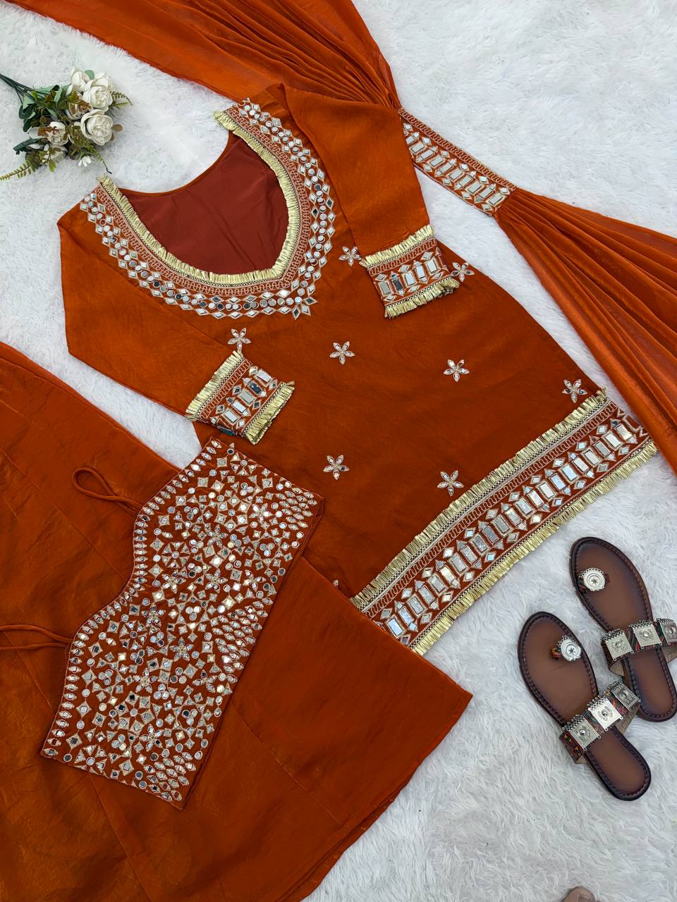 Premium Orange Fendy Silk Sharara Set