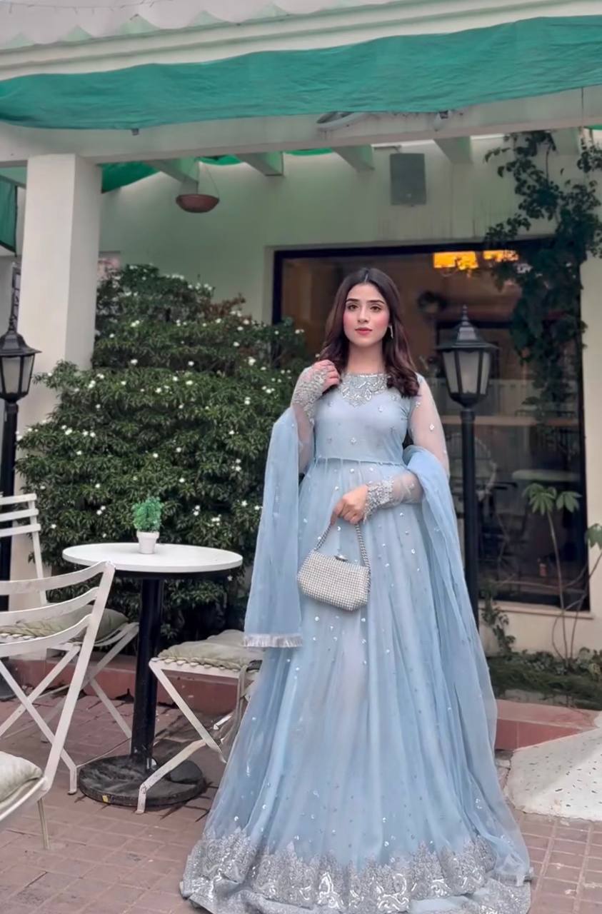 Sky Blue Faux Georgette Gown Lehenga
