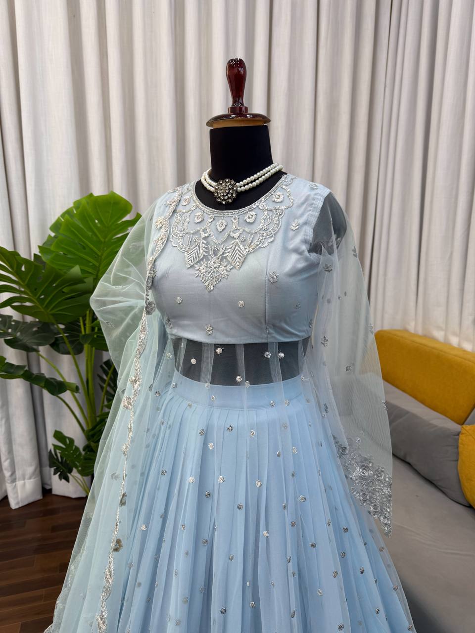 Sky Blue Faux Georgette Gown Lehenga
