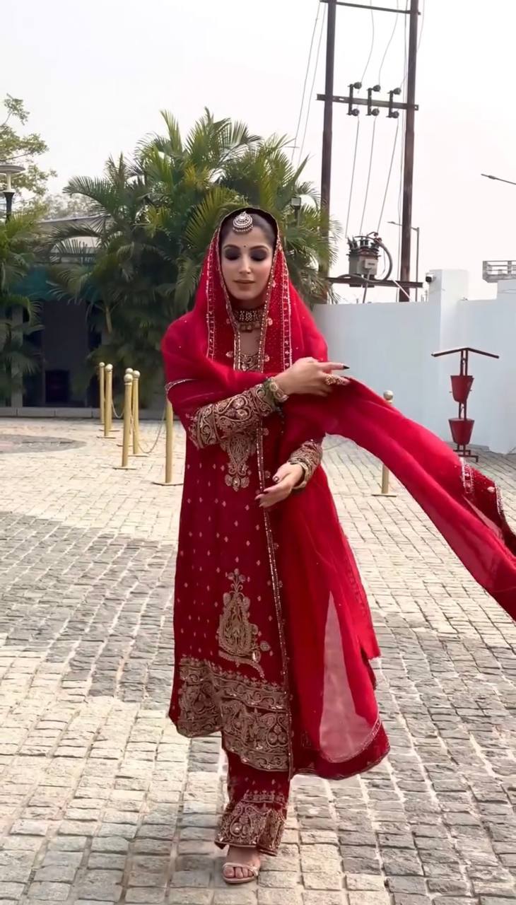 Crunchy Silk Embroidered Top Pant Dupatta Set