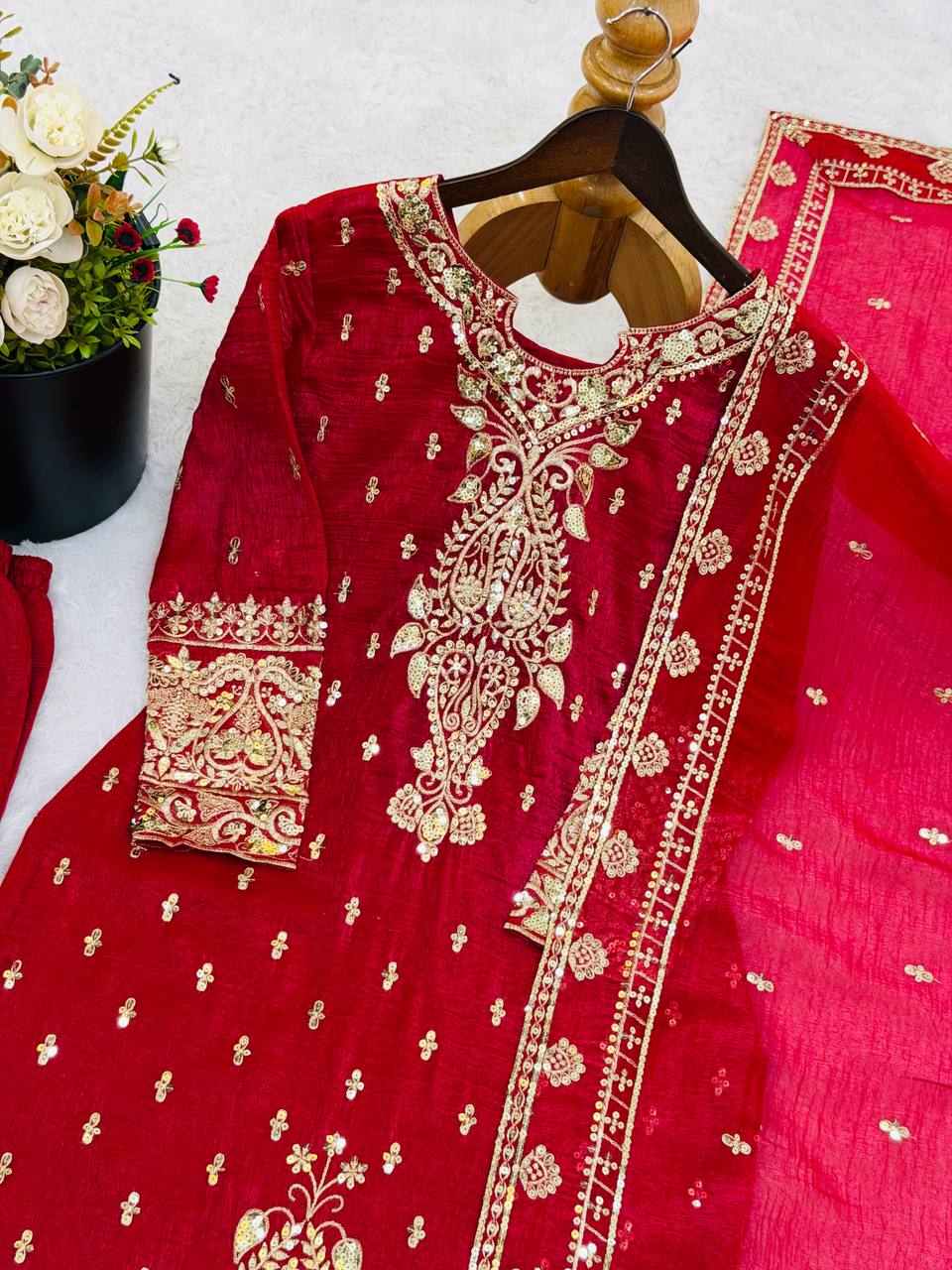 Crunchy Silk Embroidered Top Pant Dupatta Set